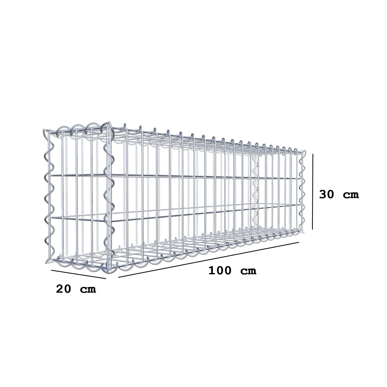 Gabbione 100 cm x 30 cm x 20 cm (L x H x P), maglia 5 cm x 10 cm, spirale