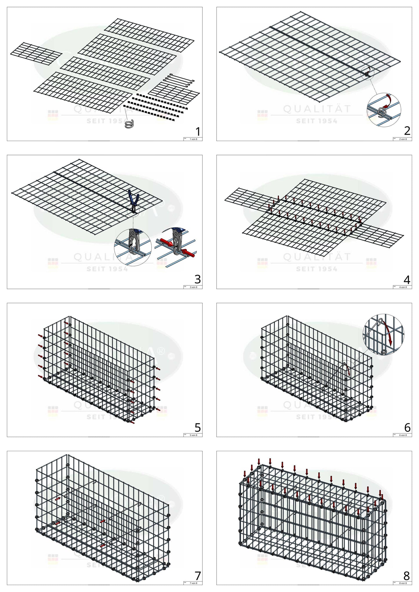 Gabion 100 cm x 100 cm x 20 cm (L x H x D), maskestørrelse 5 x 10 cm, spiralring