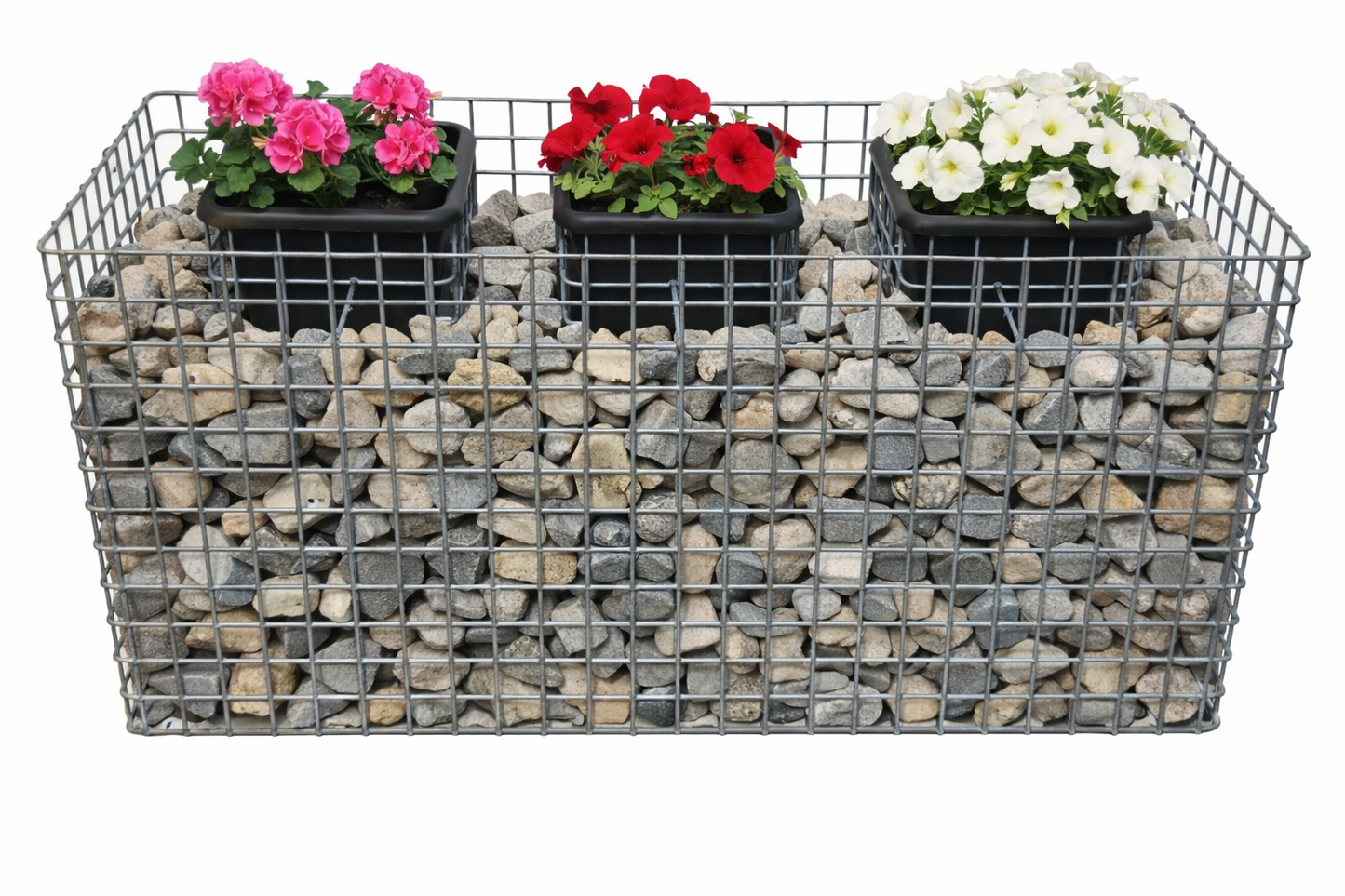 Conjunto de colunas de flores de 3, altura 62 cm, área da base 127 x 52 cm, malha 5 x 5 cm, galvanizado a quente incluindo vaso