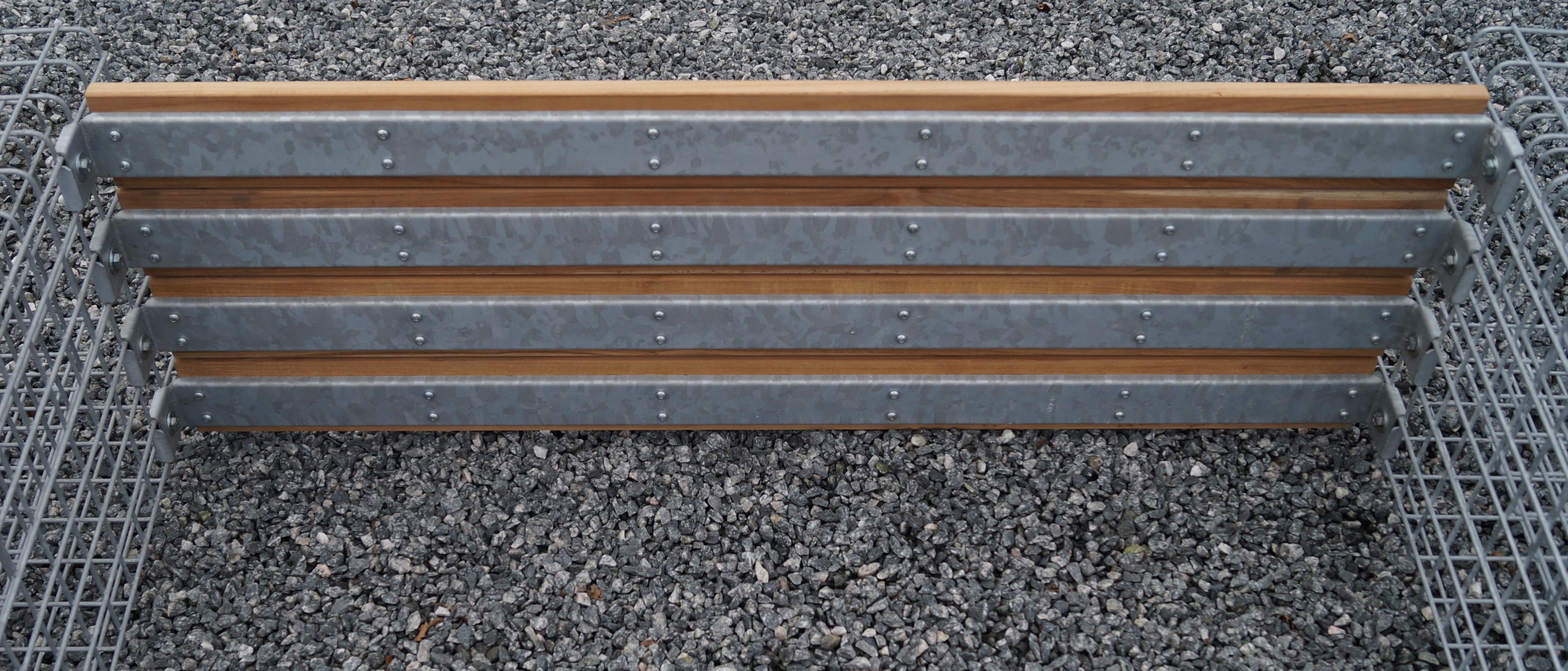 Garden bench with 3 gabions - teak, 205 cm long x 60 cm high x 37 cm deep, galvanized, MW 5 x 5 cm