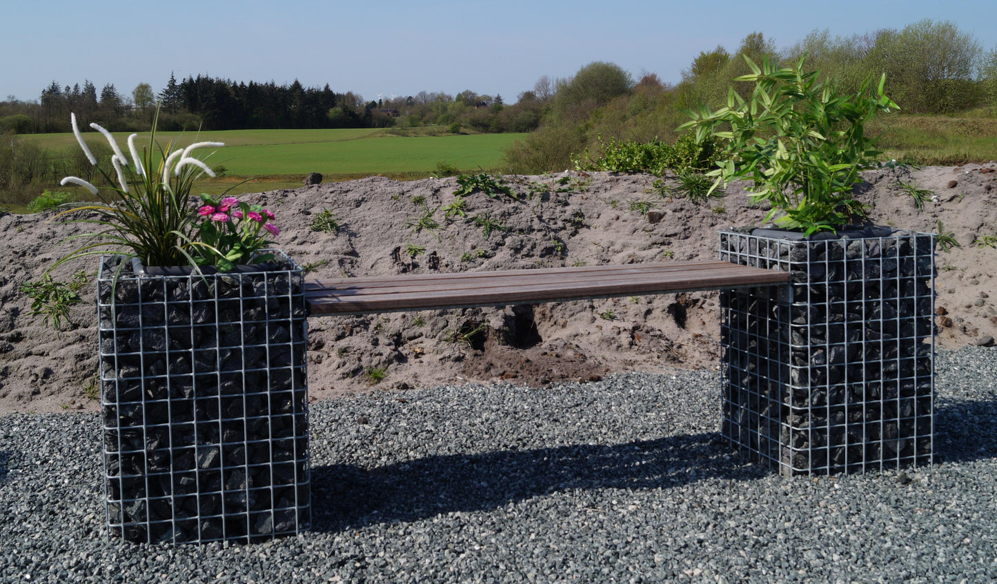 Banc de jardin avec 2 colonnes à fleurs - bois de Cumaru, 200 cm de long x 62 cm de haut x 37 cm de profondeur, galvanisé à chaud, MW 5 x 5 cm