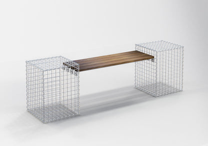 Banc de jardin avec 2 gabions - bois de Cumaru, 200 cm de long x 60 cm de haut x 37 cm de profondeur, galvanisé, MW 5 x 5 cm