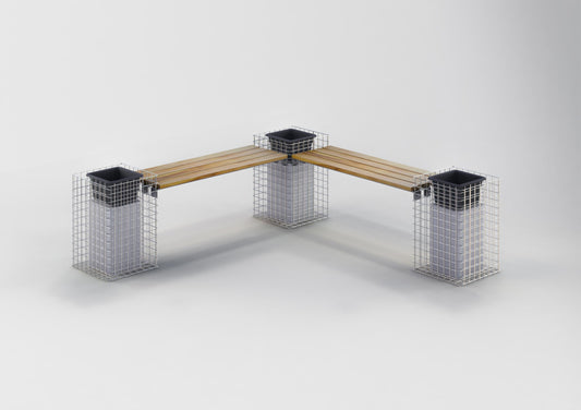 Gabionbänk med 3 blomsterpelare - teak, 205 cm lång x 60 cm hög x 37 cm djup, varmförzinkad, MW 5 x 5 cm