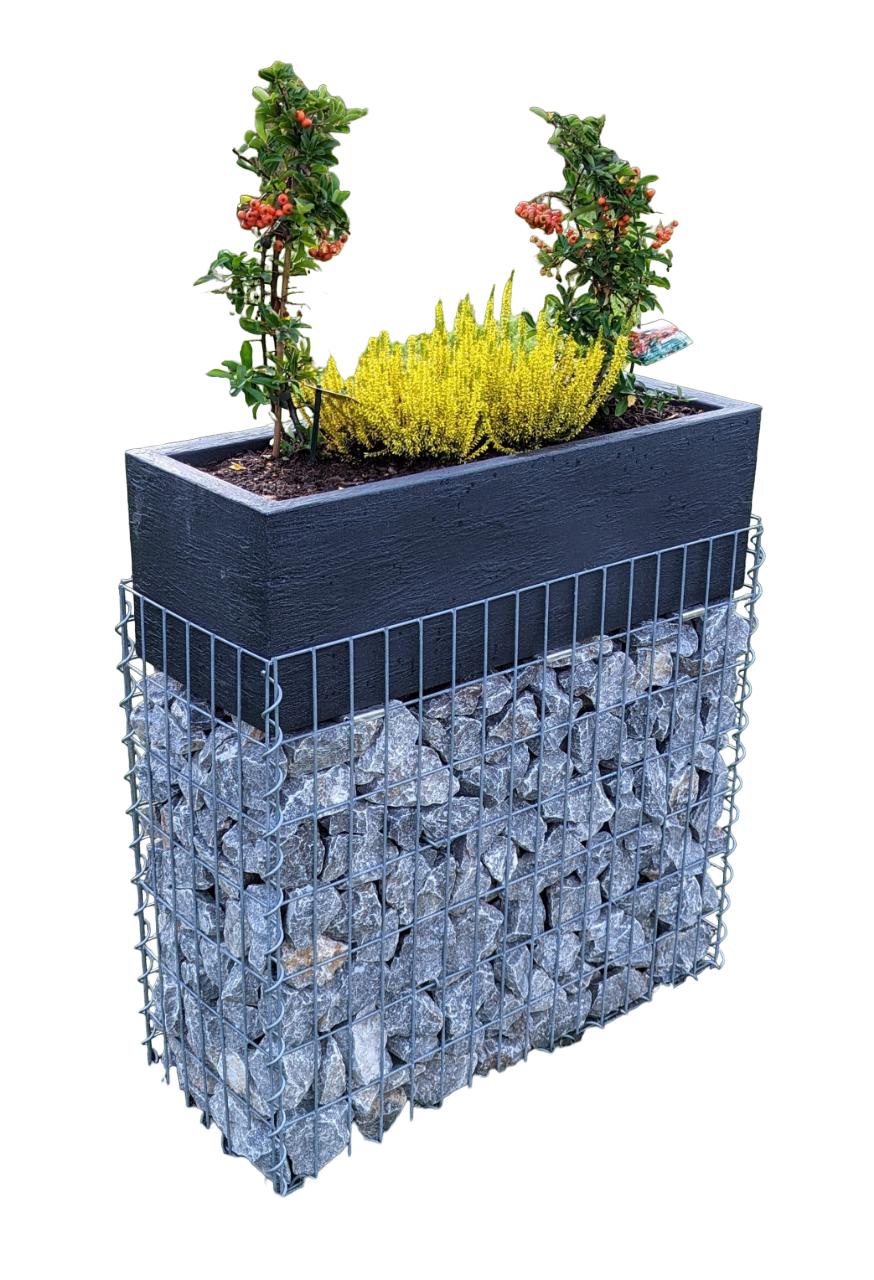 Gabion med blomsterskål 80 cm x 46 cm x 30 cm (L x H x D), maskestørrelse 10 cm x 10 cm, spiral