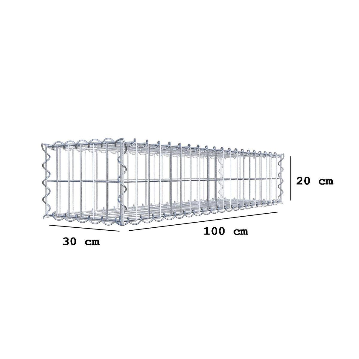 Gabião 100 cm x 20 cm x 30 cm (C x A x P), malhagem 5 cm x 10 cm, espiral