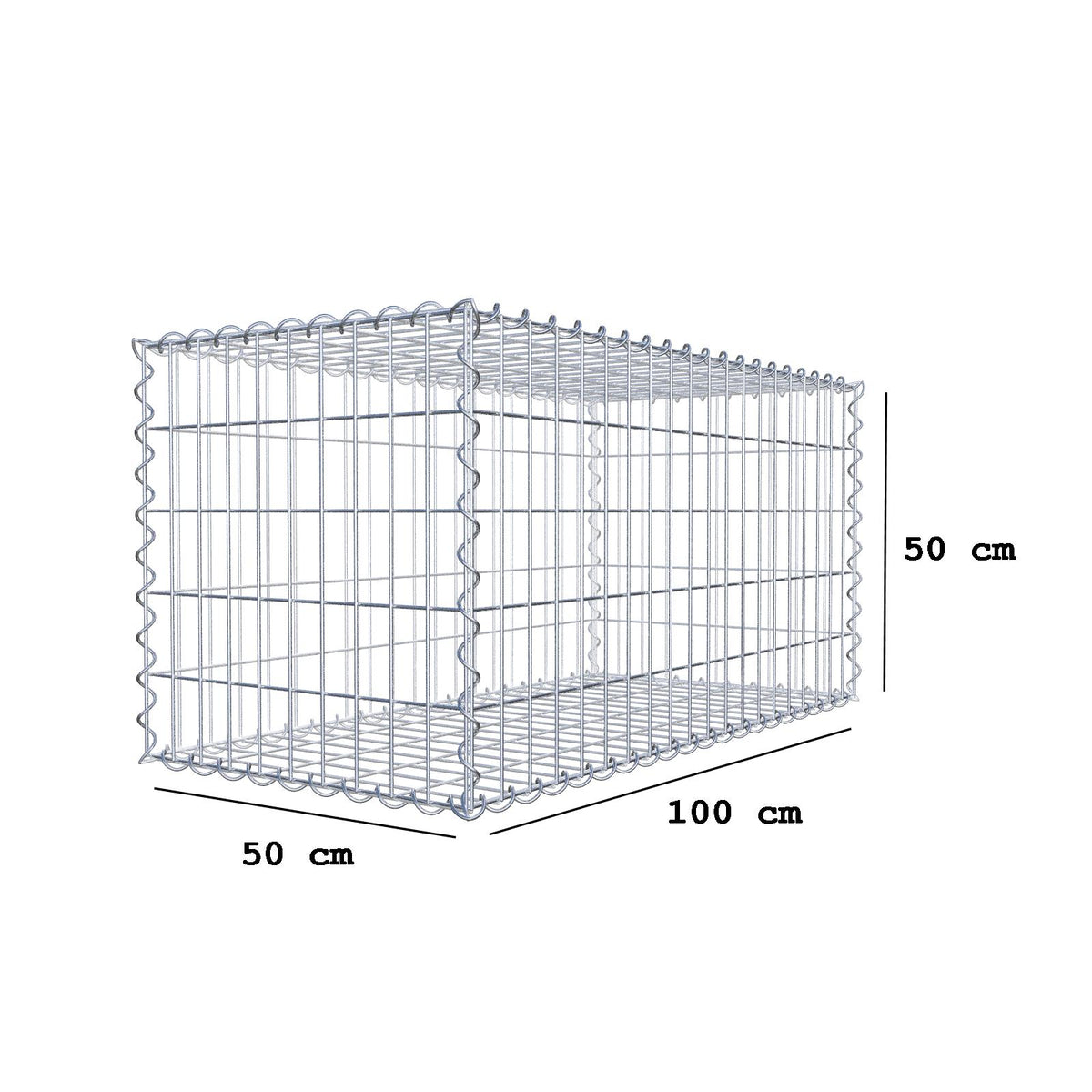 Gabião 100 cm x 50 cm x 50 cm (C x A x P), malhagem 5 cm x 10 cm, espiral