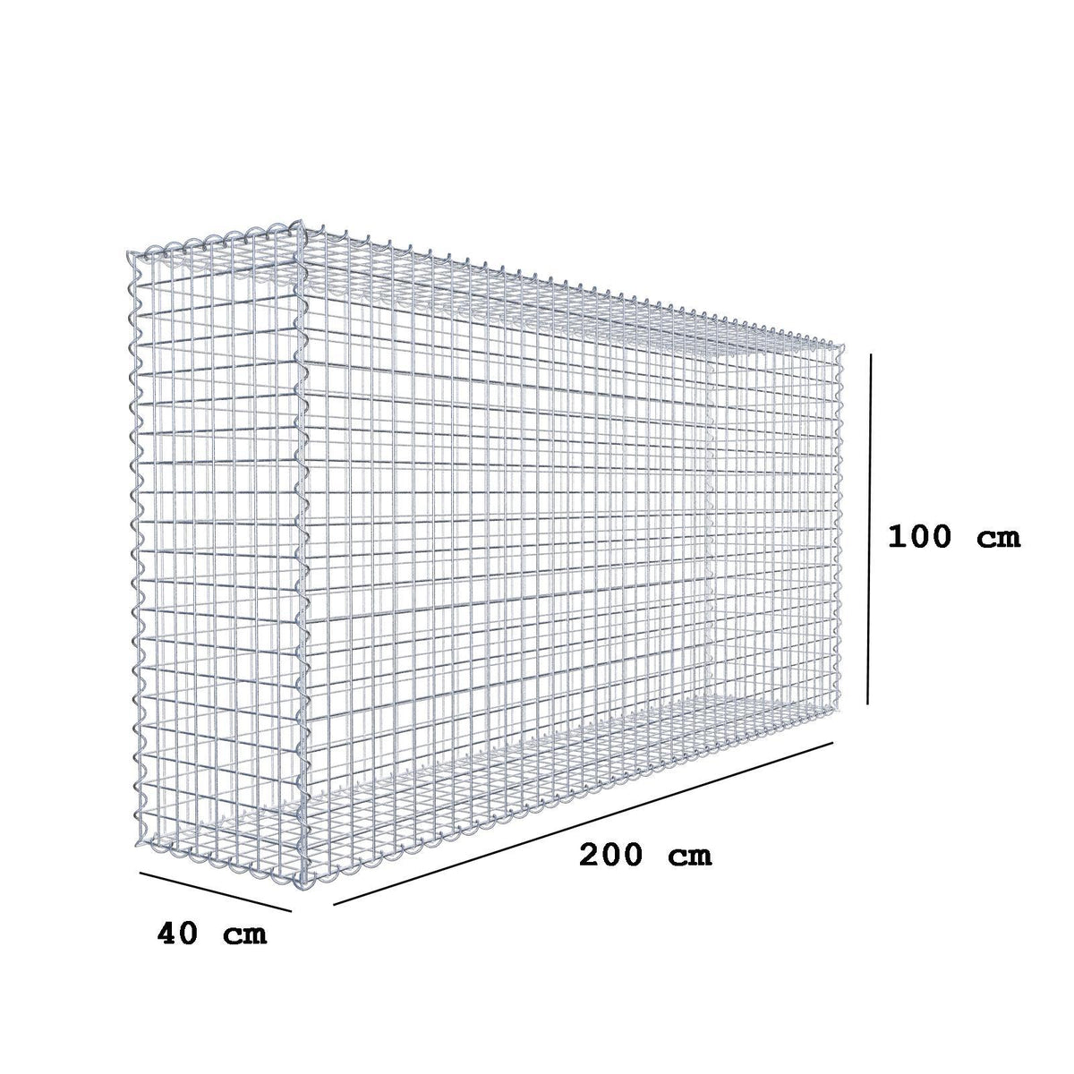 Gabion 200 cm x 100 cm x 40 cm (L x H x D), maskestørrelse 5 cm x 5 cm, spiral