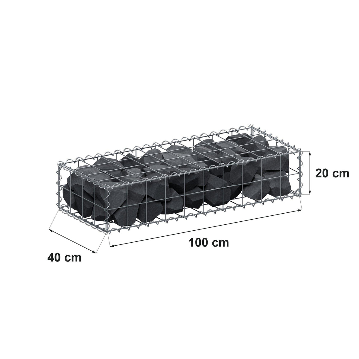 Schanskorf 100 cm x 20 cm x 40 cm (L x H x D), maaswijdte 10 cm x 10 cm, spiraalvormig