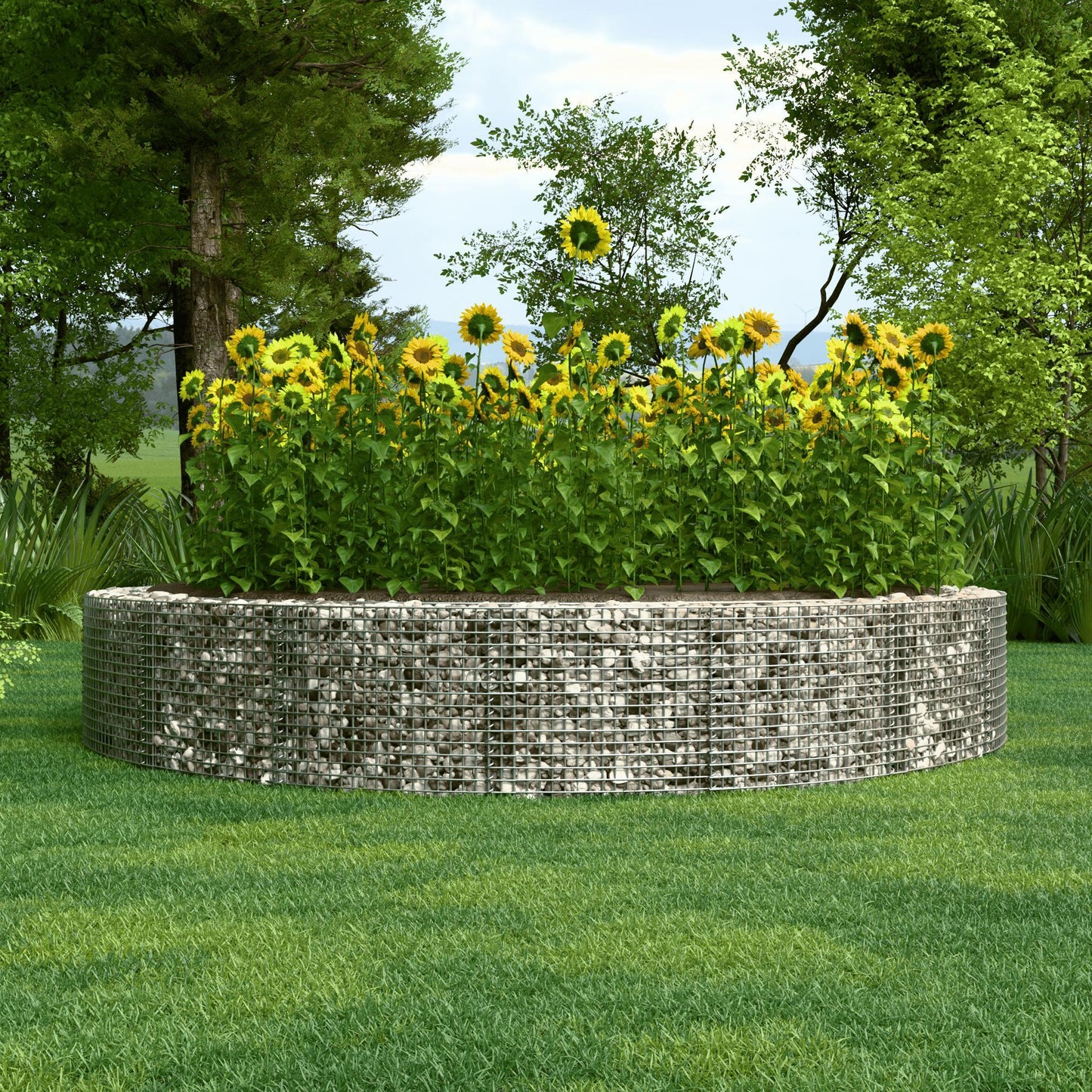 Rond verhoogd bed, buitendiameter 292 cm, hoogte 80 cm, maaswijdte 5 x 10 cm, wanddikte 15 cm