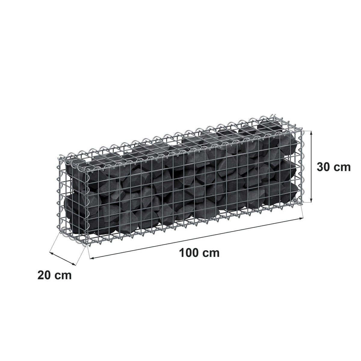 Gabião 100 cm x 30 cm x 20 cm (C x A x P), malhagem 5 cm x 5 cm, espiral