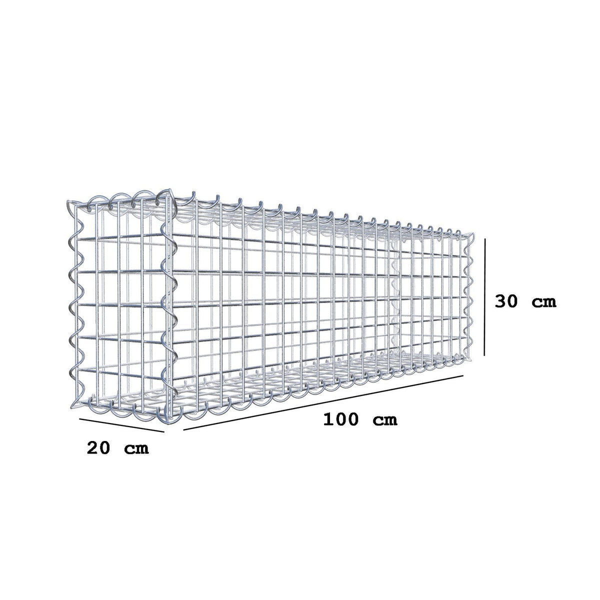 Gabião 100 cm x 30 cm x 20 cm (C x A x P), malhagem 5 cm x 5 cm, espiral
