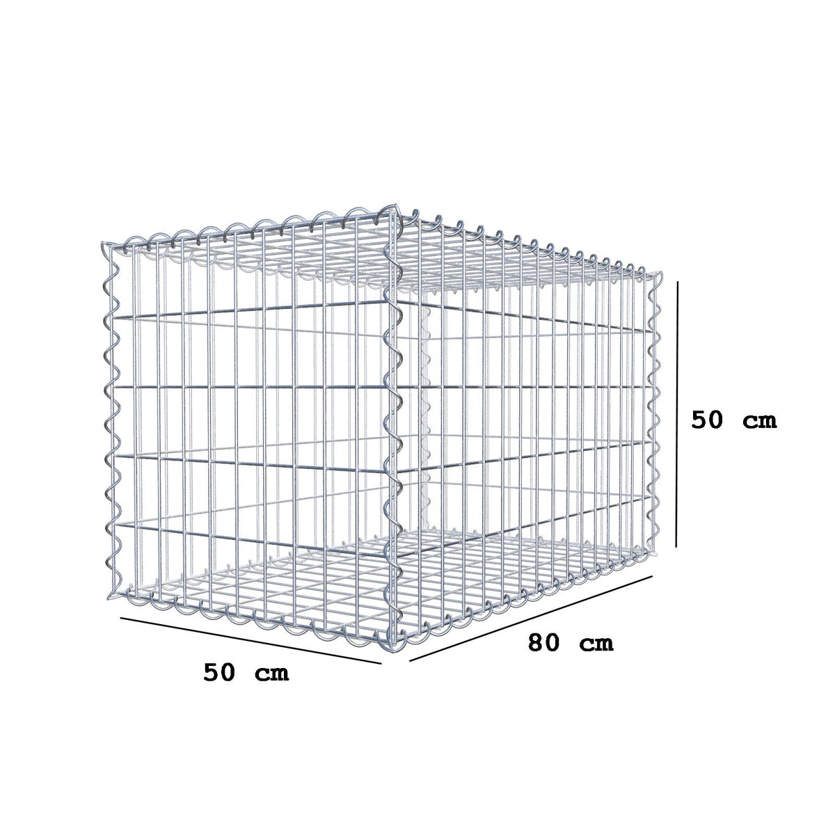 Gavión 80 cm x 50 cm x 50 cm (Largo x Alto x Fondo), tamaño de malla 5 cm x 10 cm, espiral