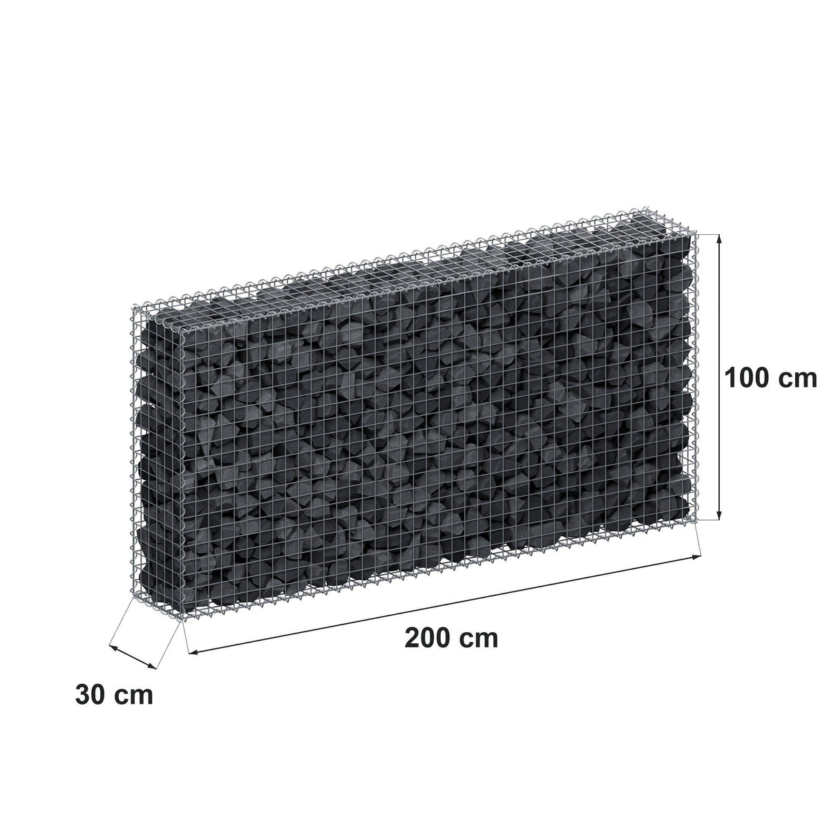 Gabião 200 cm x 100 cm x 30 cm (C x A x P), malhagem 5 cm x 5 cm, espiral