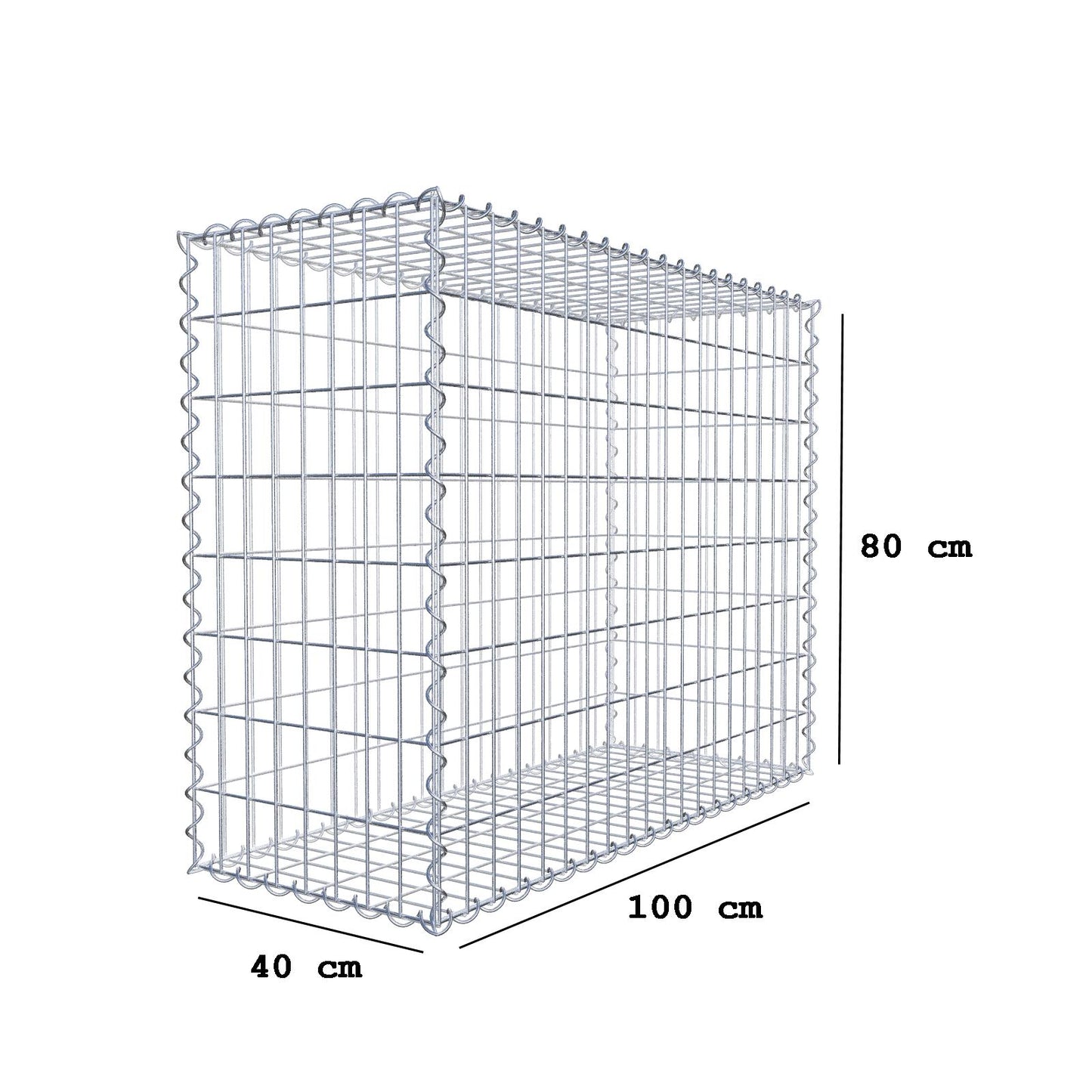 Gabião 100 cm x 80 cm x 40 cm (C x A x P), malhagem 5 cm x 10 cm, espiral
