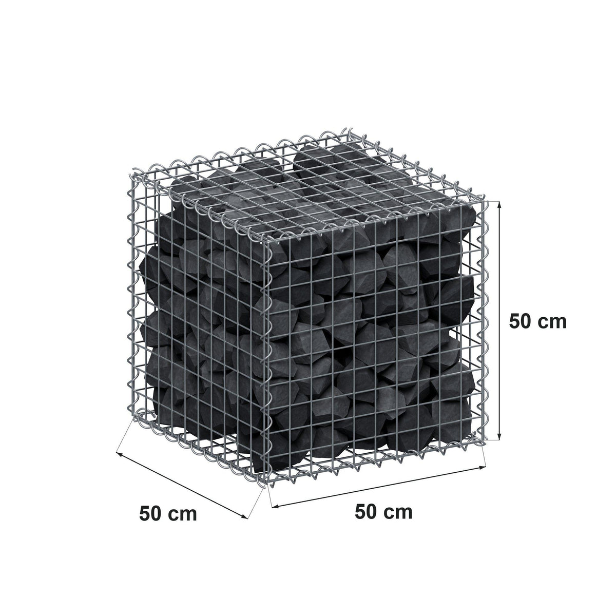 Gabião 50 cm x 50 cm x 50 cm (C x A x P), malhagem 5 cm x 5 cm, espiral