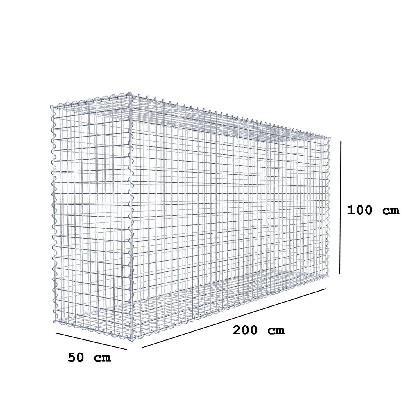 Gabião 200 cm x 100 cm x 50 cm (C x A x P), malhagem 5 cm x 5 cm, espiral