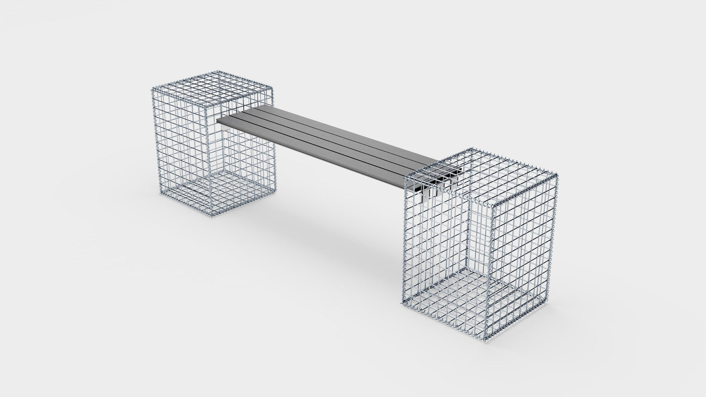 Schanskorfbank met 2 spiraalvormige schanskorven, 205 cm lang x 60 cm hoog x 40 cm diep, gegalvaniseerd, MW 5 x 5 cm, met gerecycled bovenblad in antraciet