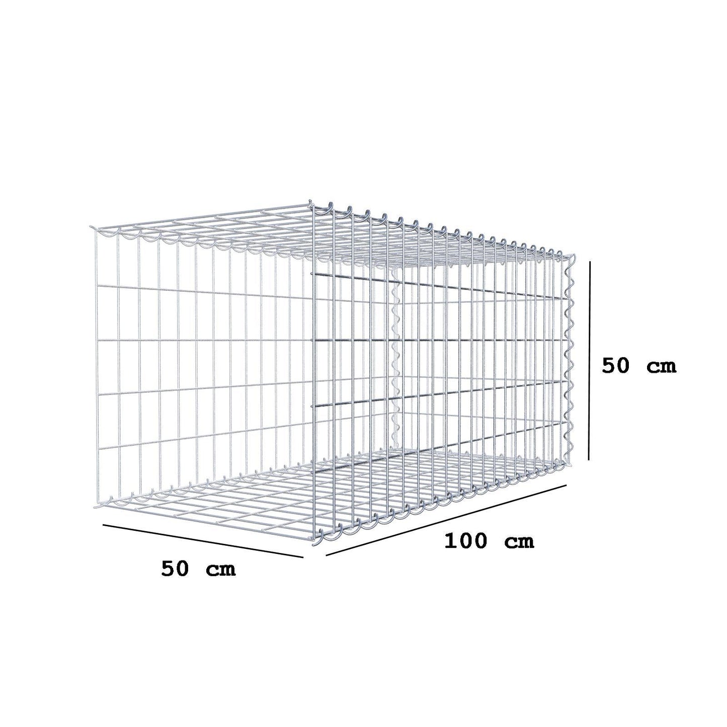 Opbouw schanskorf type 2 100 cm x 50 cm x 50 cm (L x H x D), maaswijdte 5 cm x 10 cm, spiraalvormig