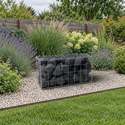 Schanskorf 80 cm x 40 cm x 30 cm (L x H x D), maaswijdte 10 cm x 10 cm, spiraalvormig