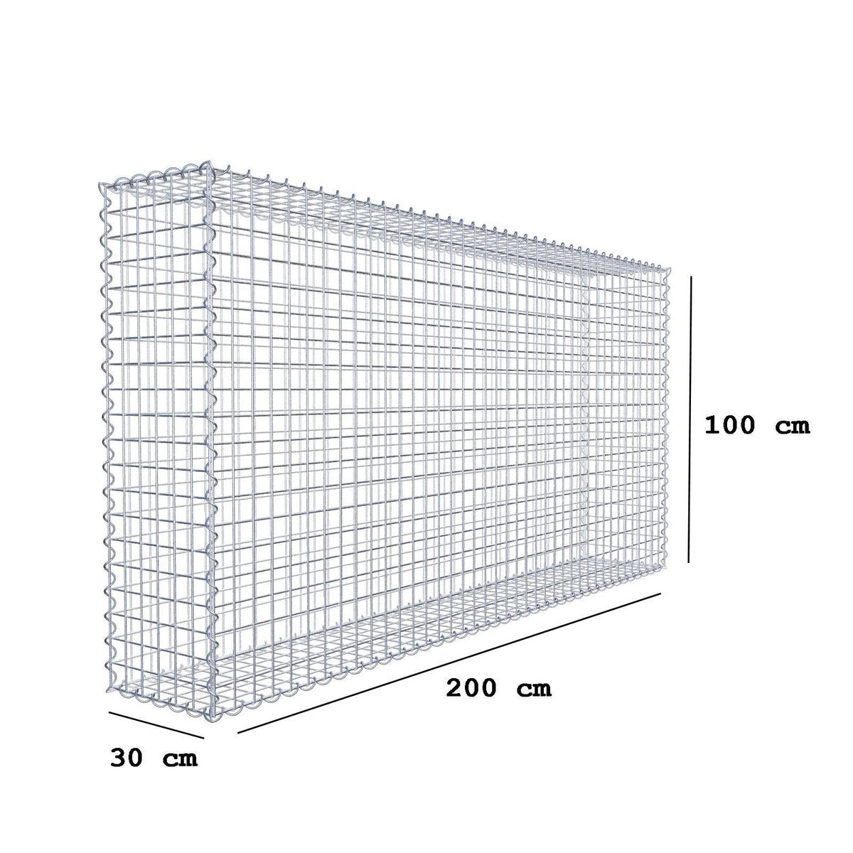 Gabião 200 cm x 100 cm x 30 cm (C x A x P), malhagem 5 cm x 5 cm, espiral