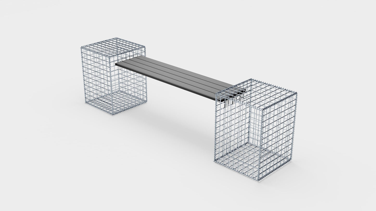 Schanskorfbank met 2 spiraalvormige schanskorven, 205 cm lang x 60 cm hoog x 40 cm diep, gegalvaniseerd, MW 5 x 5 cm, met gerecycled bovenblad in antraciet