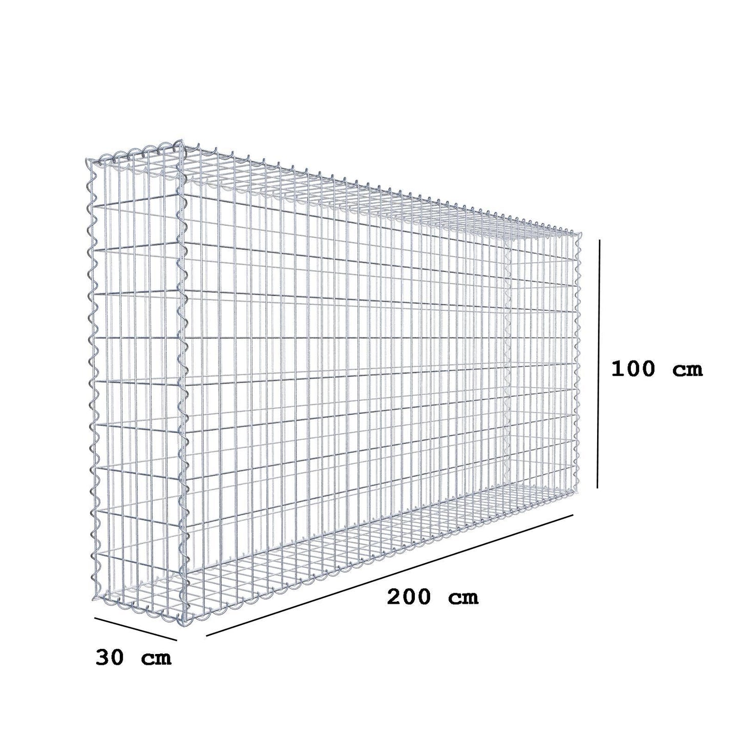 Gabião 200 cm x 100 cm x 30 cm (C x A x P), malhagem 5 cm x 10 cm, espiral