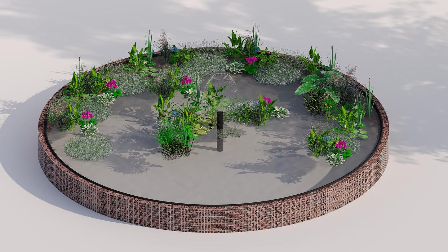 Laghetto rialzato in gabbioni, rotondo, diametro esterno 292 cm, altezza 50 cm, maglia 5 x 5 cm, spessore parete 15 cm